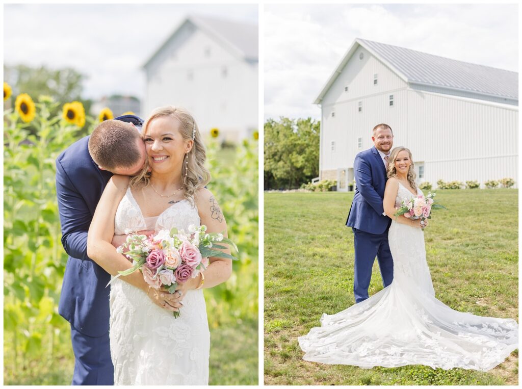 groom kissing the bride's neck outside in front of the venue