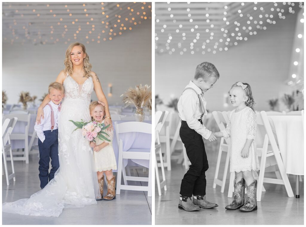 bride posing with her kids inside the Tiffin, Ohio wedding venue 