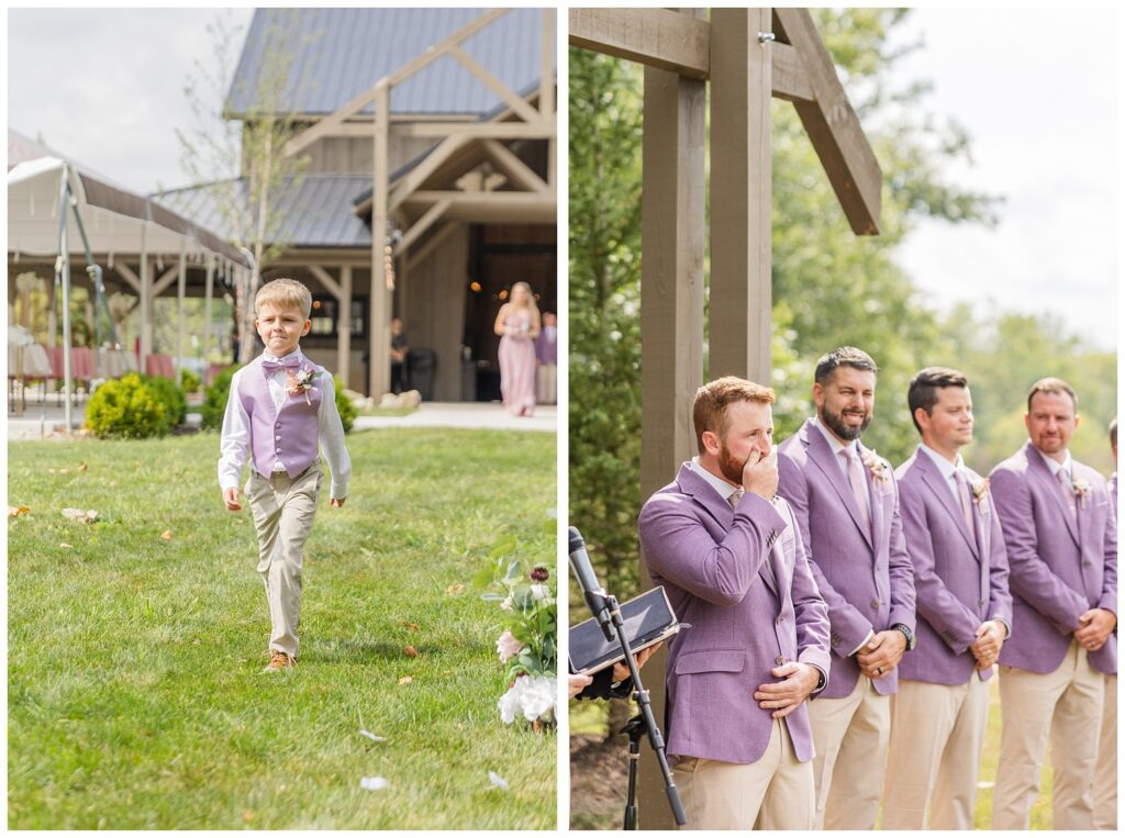 groom reacting to the bride walking down the aisle during wedding ceremony