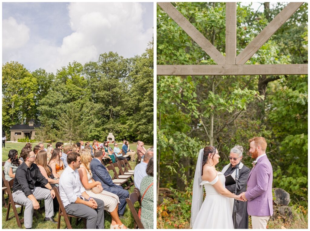 bride and groom saying their vows under a wooden arch in Findlay, Ohio