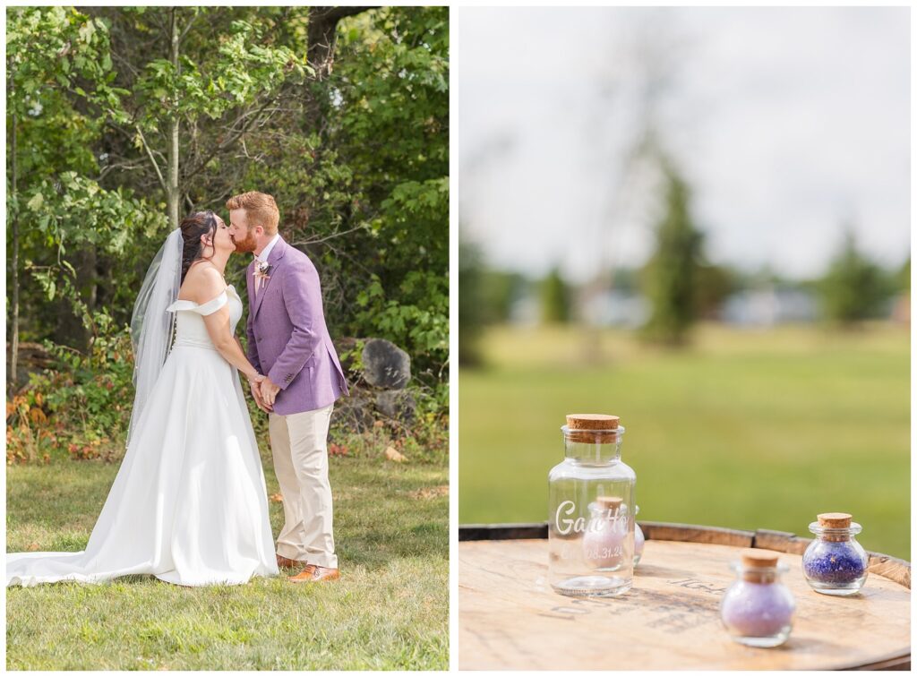 sand unity ceremony set up on a wooden barrel outside at wedding venue