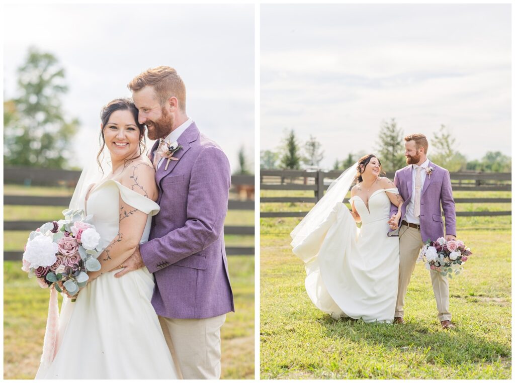 wedding couple bumping hips while walking together outside for portraits 