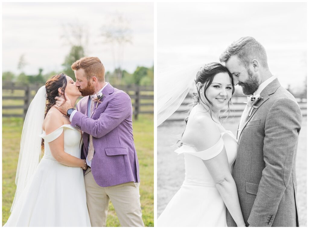 bride and groom kiss outside during couples portraits before reception