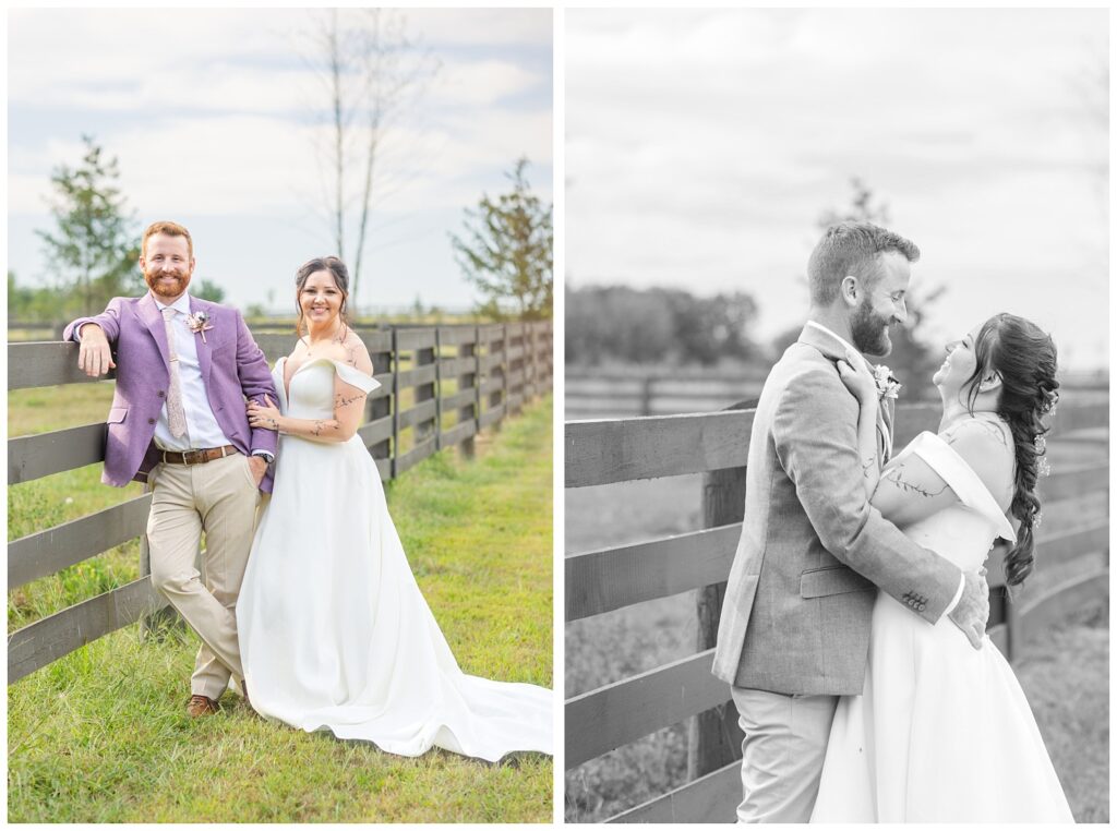 groom leaning on a fence while bride holds the groom's arm in Findlay, Ohio