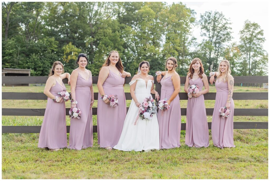 bridal party posing in front of a fence at the Homestead by Stillwaters venue