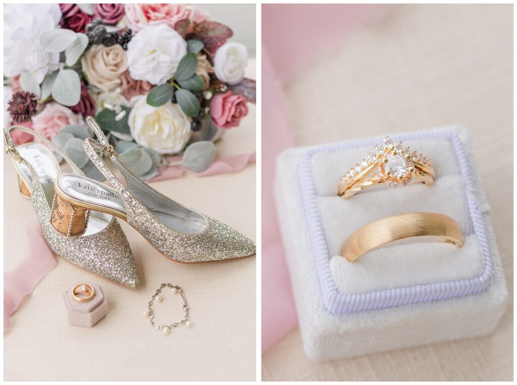 gold and diamond rings sitting in a white ring box on pink ribbon