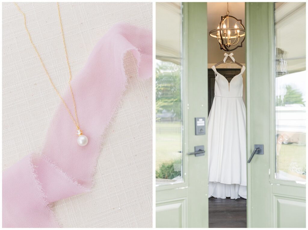 bride's pearl and gold chain necklace sitting on a pink ribbon on a beige mat