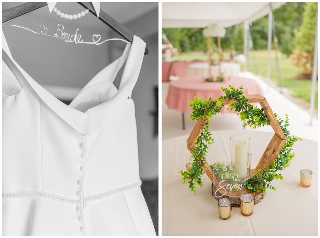 close up detail of back of the bride's dress hanging on a wooden and pearl hanger