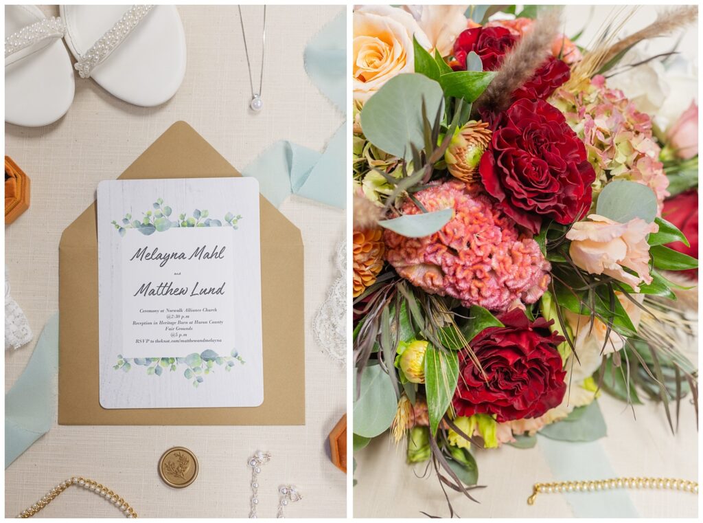 wedding bouquet sitting on a beige mat in Norwalk, Ohio 