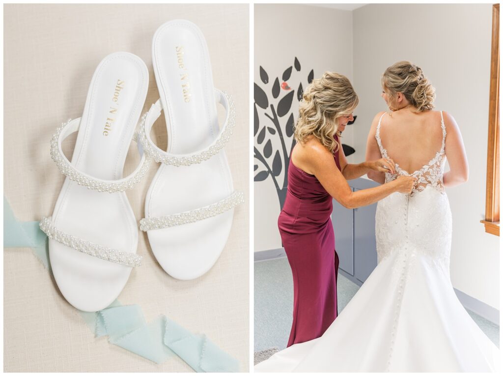 bride's pearl sandals sitting on a beige flat lay with green ribbon