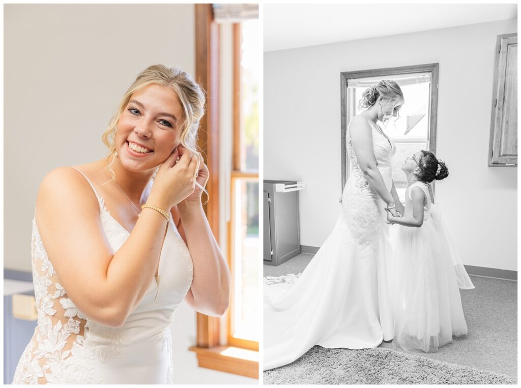 bride putting on her earrings in the church before the ceremony in Norwalk, Ohio