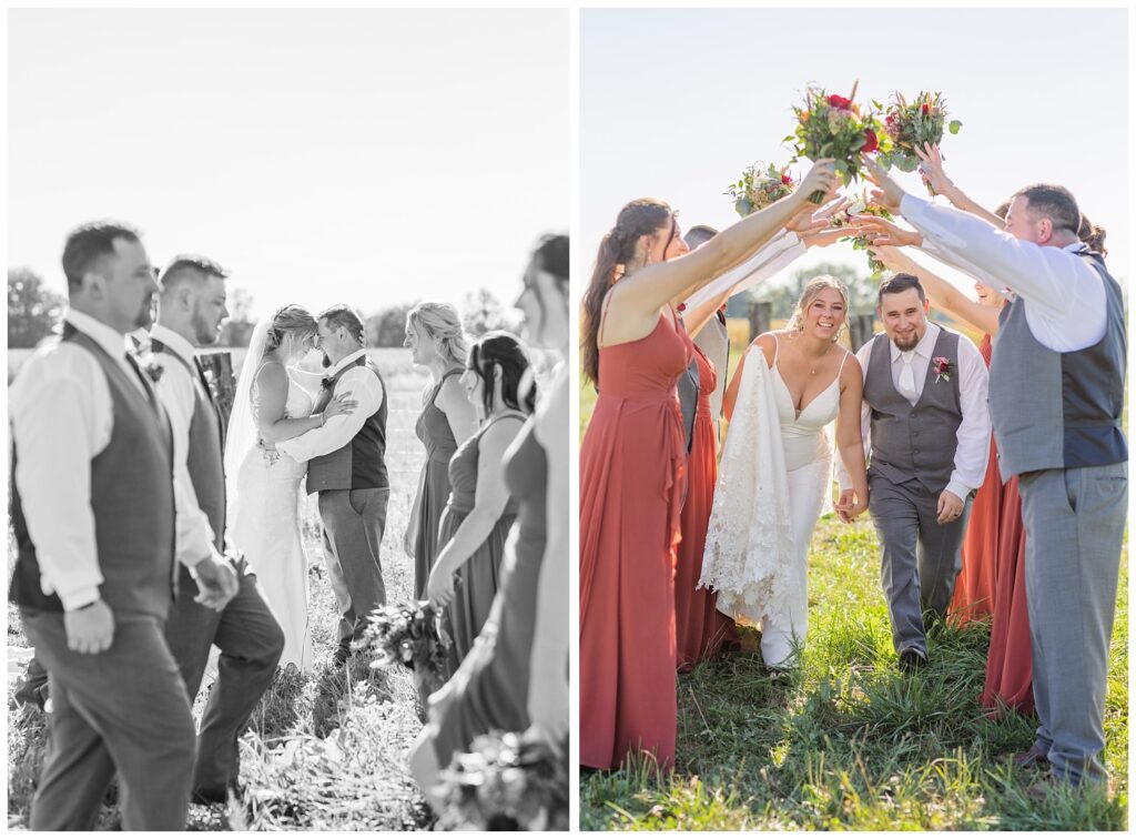 wedding couple going through a tunnel from the bridal party on a dairy farm