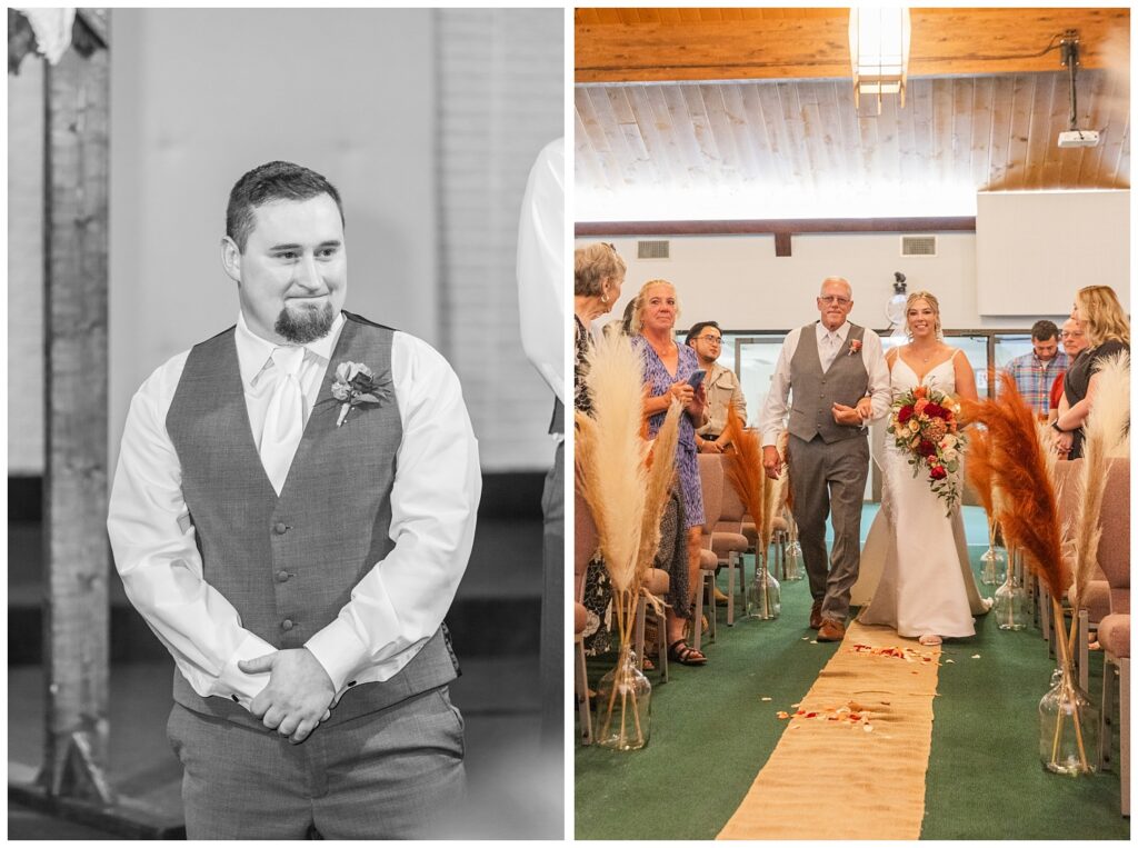 groom watching the bride walk down the aisle with her dad in Norwalk, Ohio