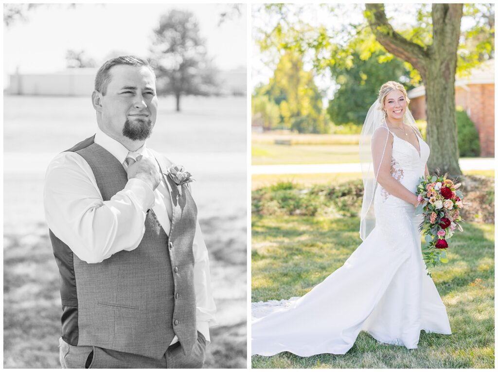 bride posing with her bouquet outside the church in Norwalk, Ohio