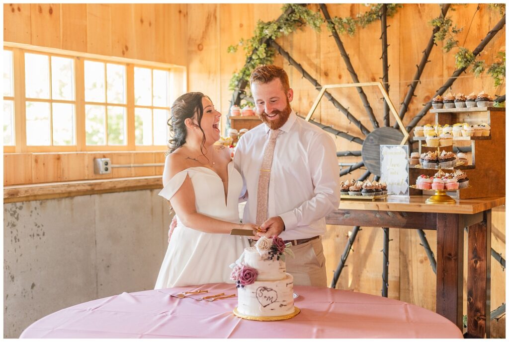 groom and bride cut the cake inside the reception venue in Findlay, Ohio