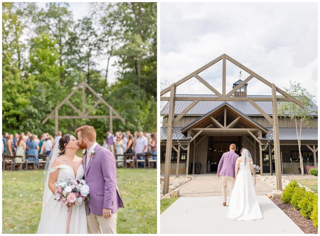 bride and groom share a kiss after wedding ceremony at the Homestead by Stillwaters