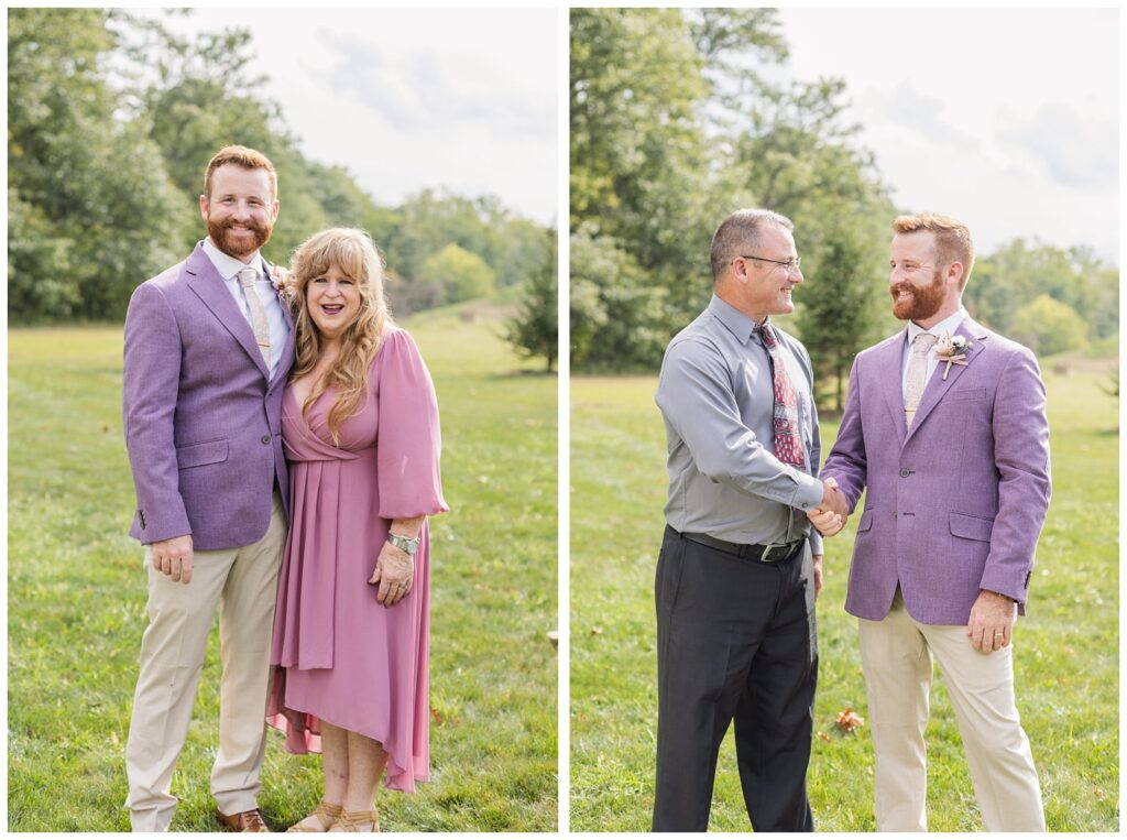 groom posing with his mom outside for family portraits in Findlay, Ohio