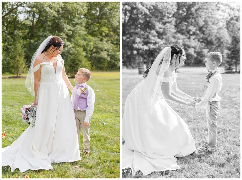 bride posing with her son on the grounds outside at wedding venue in northwest Ohio