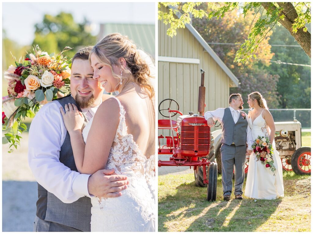 bride and groom looking at each other while posing against an old red tractor