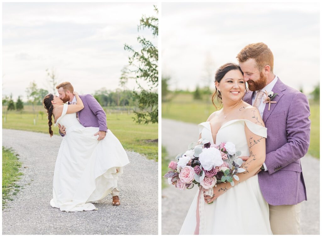 groom dips bride for a kiss on a gravel path at Findlay, Ohio wedding venue