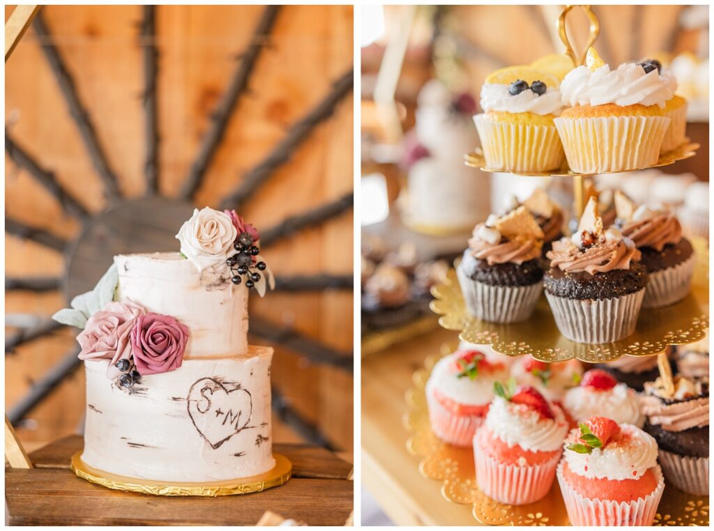 detail of strawberry, chocolate, and vanilla cupcakes sitting on a gold tray display