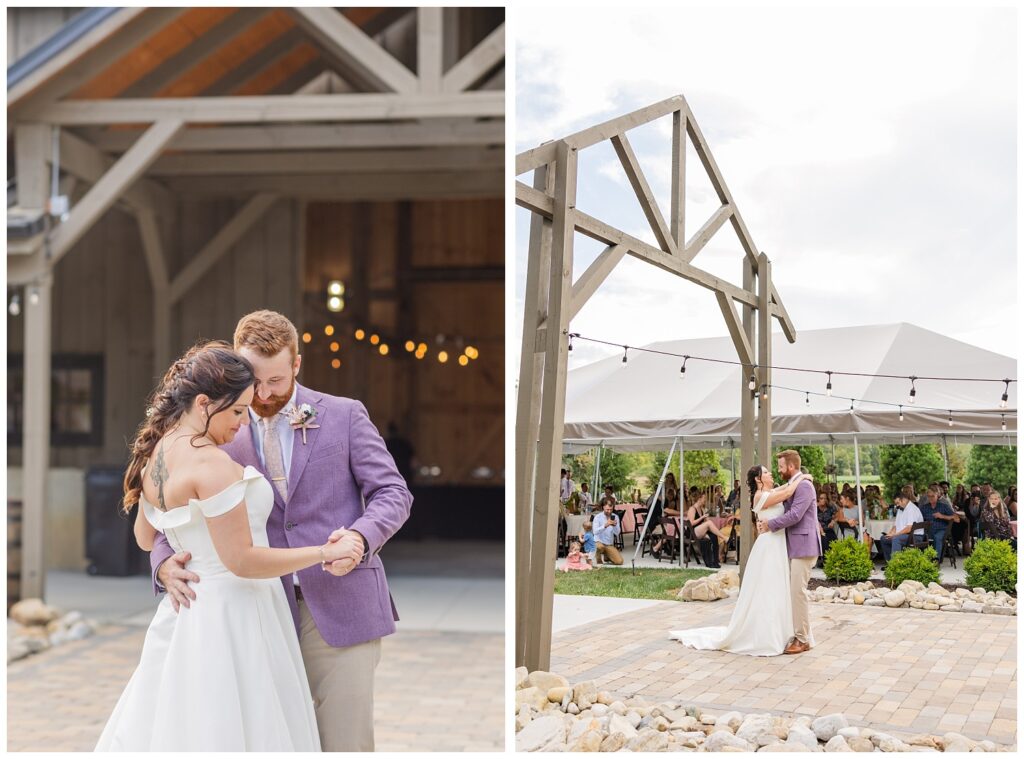 wedding couple share first dance on stone patio at the Homestead by Stillwaters