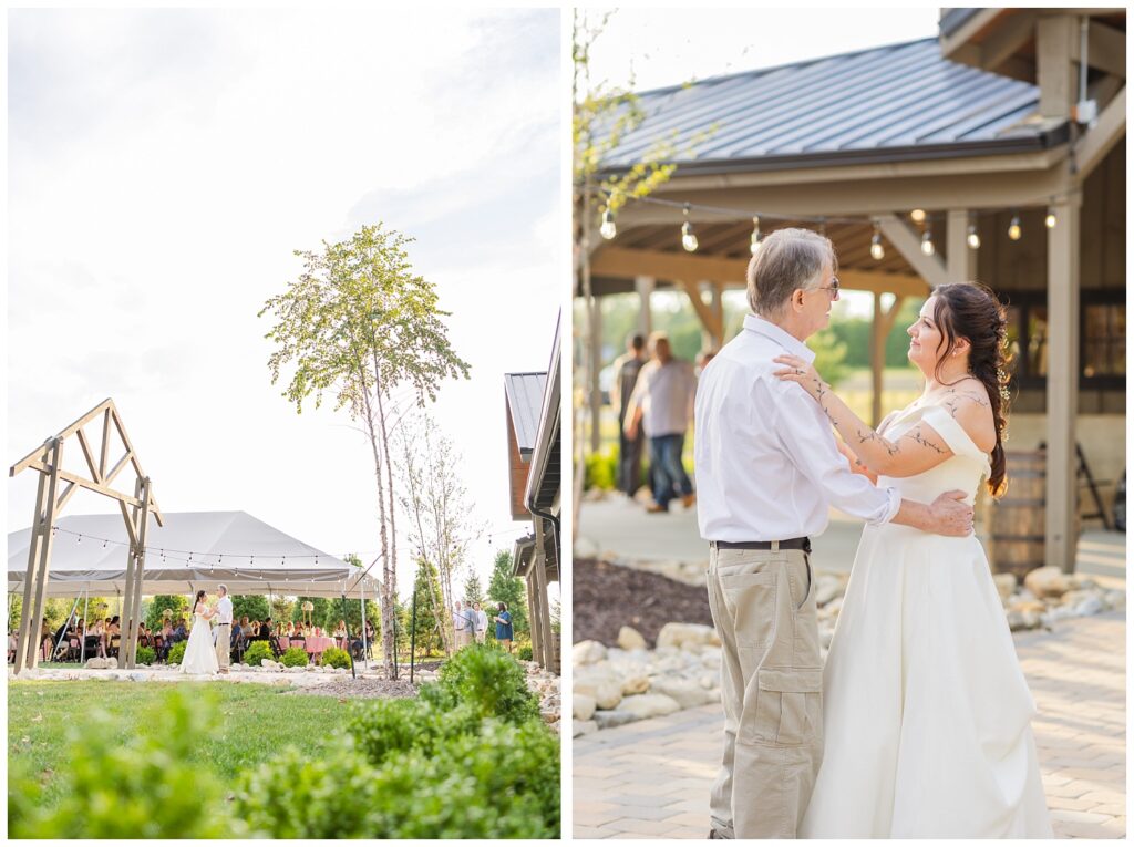 bride dancing with her dad on the stone patio at Findlay, Ohio wedding reception