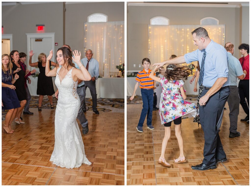 wedding guest spinning his daughter on the dance floor 