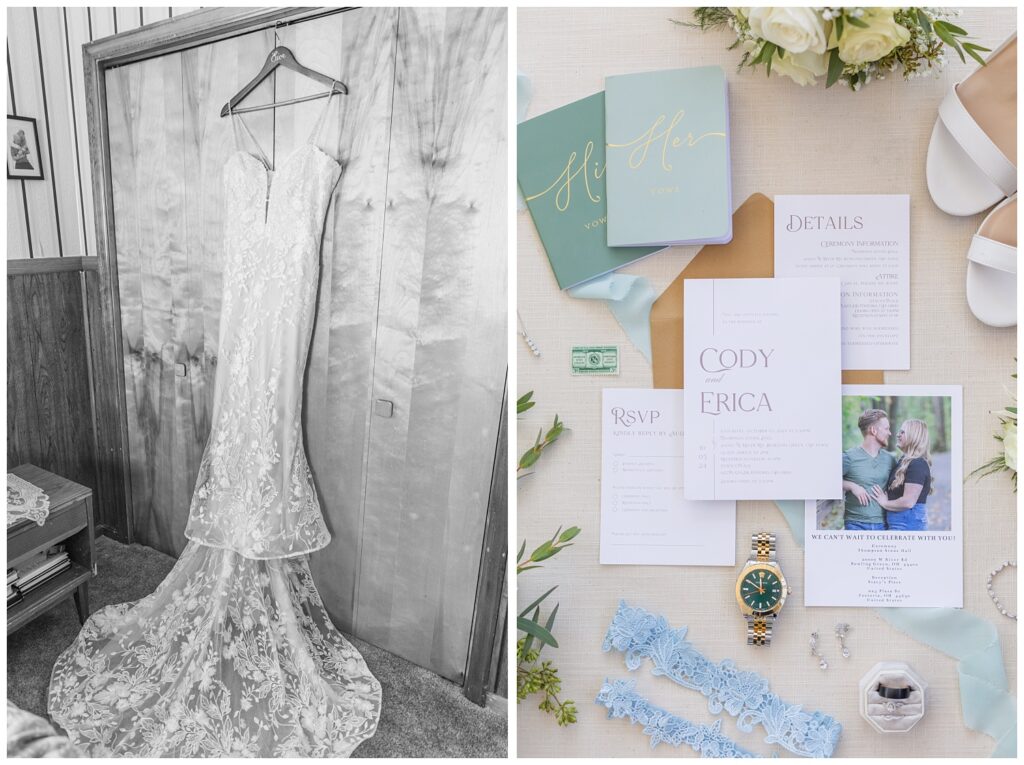 lace wedding dress hanging from a wood closet at groom's grandma's house