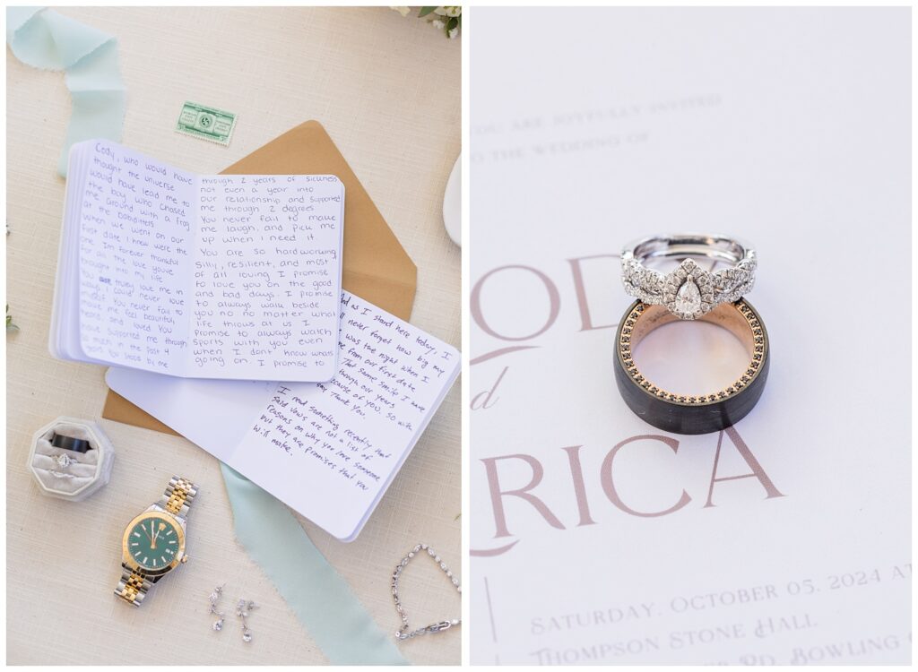 bride and groom's vow books and wedding rings on a beige mat 