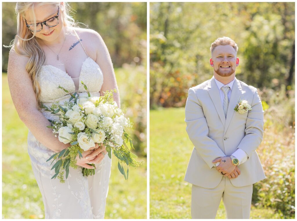 groom crossing his hands over each other next to tall grass  in Bowling Green, Ohio