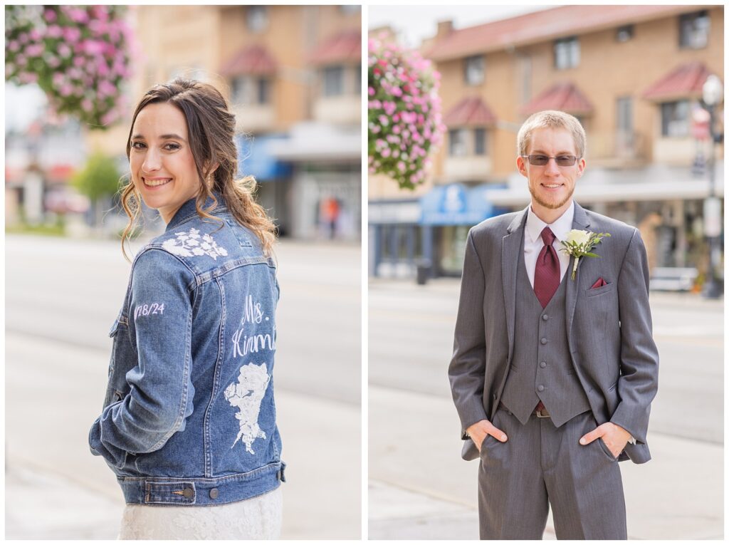 bride showing off her custom made jean jacket in downtown Findlay, Ohio