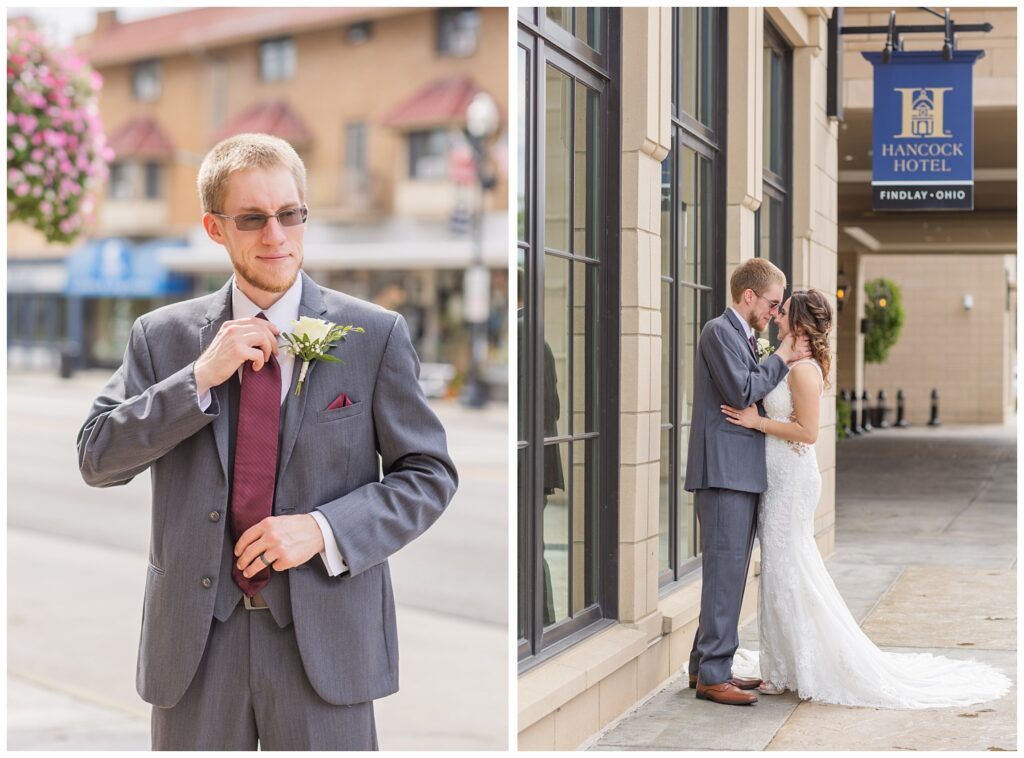 groom adjusting his maroon tie on the sidewalk outside The Hancock Hotel