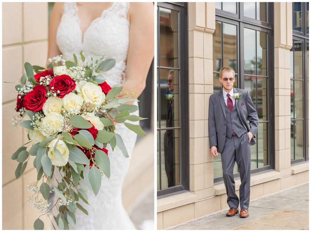 groom leaning against the hotel at Findlay, Ohio fall wedding