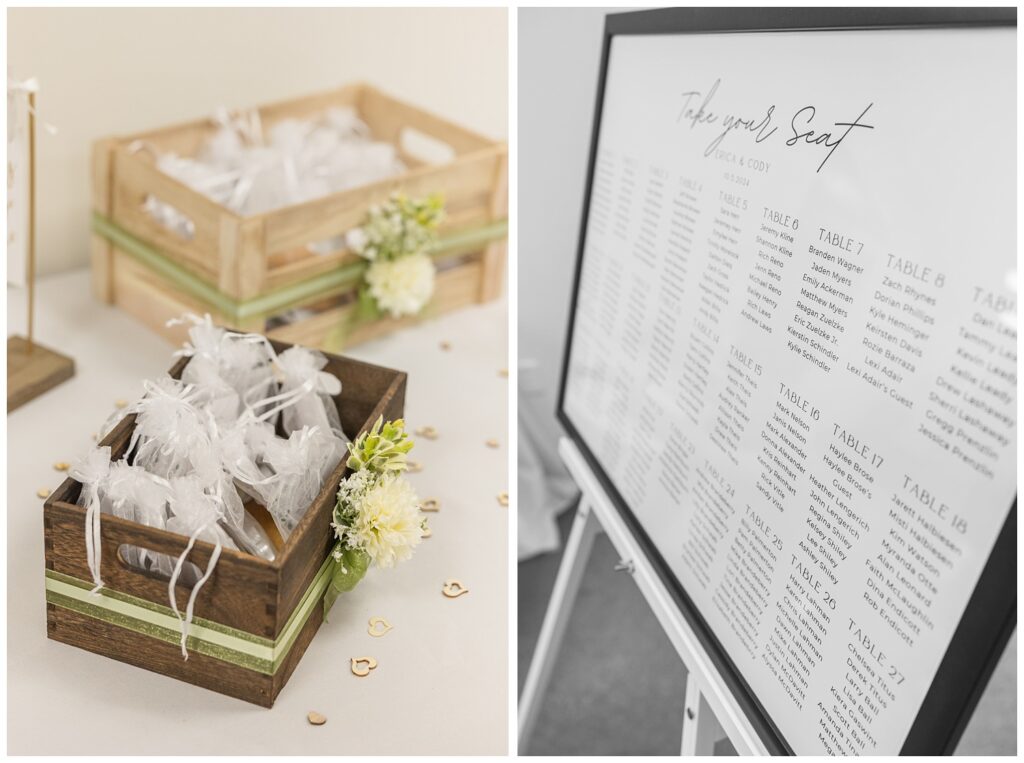 table seating chart on a large pedestal at wedding reception in Fostoria, Ohio