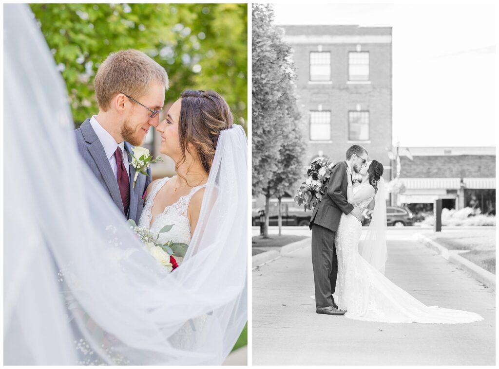 groom dipping the bride back for a kiss on the street downtown in Findlay, Ohio