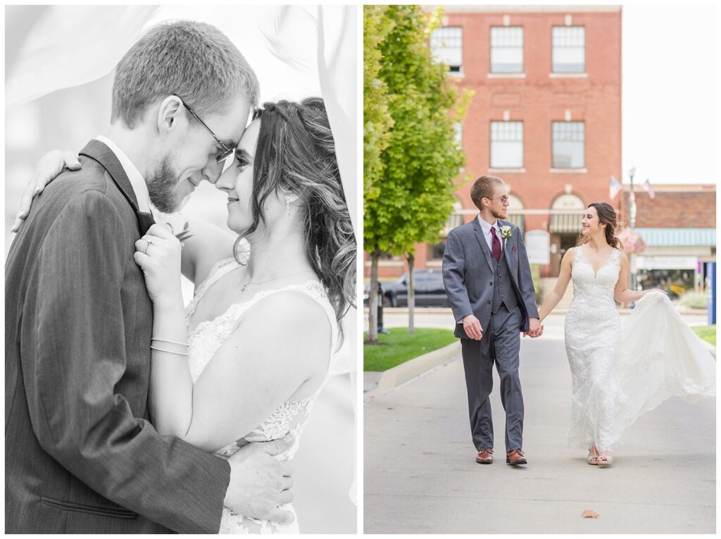 wedding couple holding hands and walking the street downtown in Findlay, Ohio