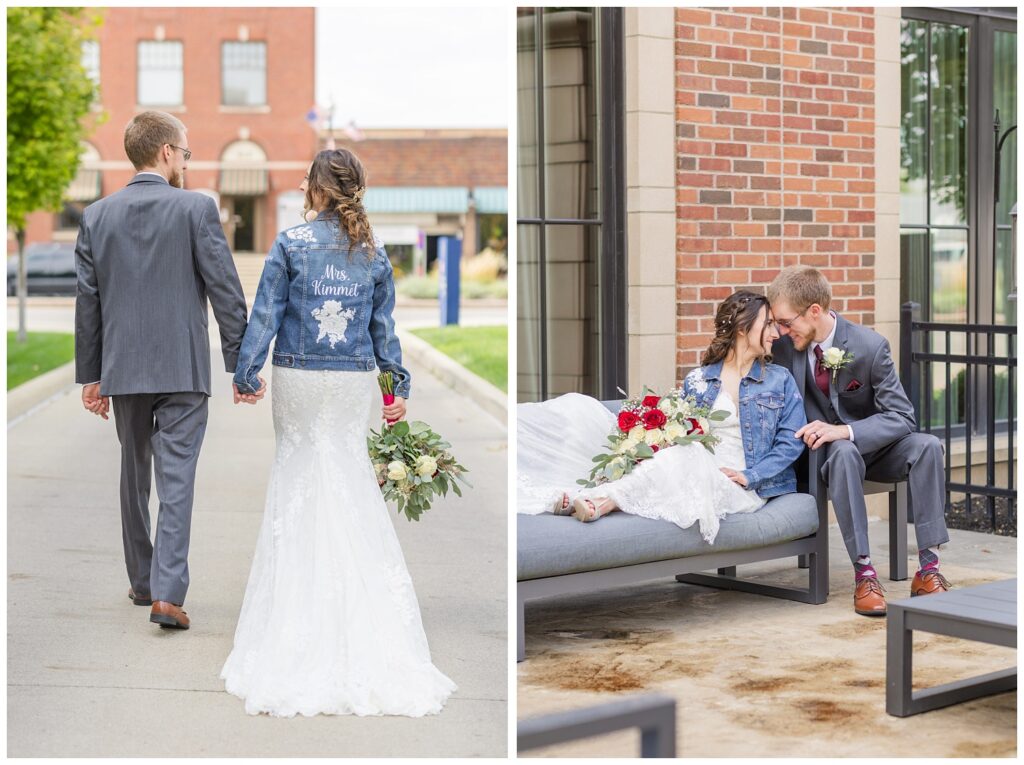 wedding couple posing on the patio furniture outside of The Hancock Hotel