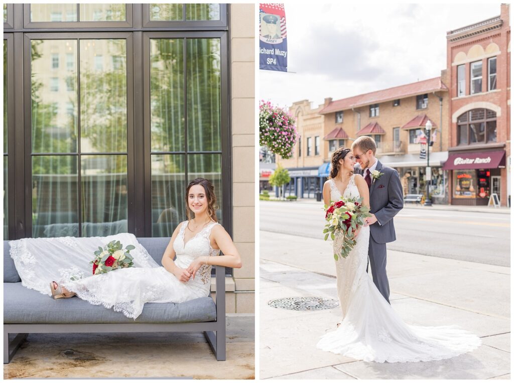 wedding couple posing on the sidewalk in downtown Findlay, Ohio