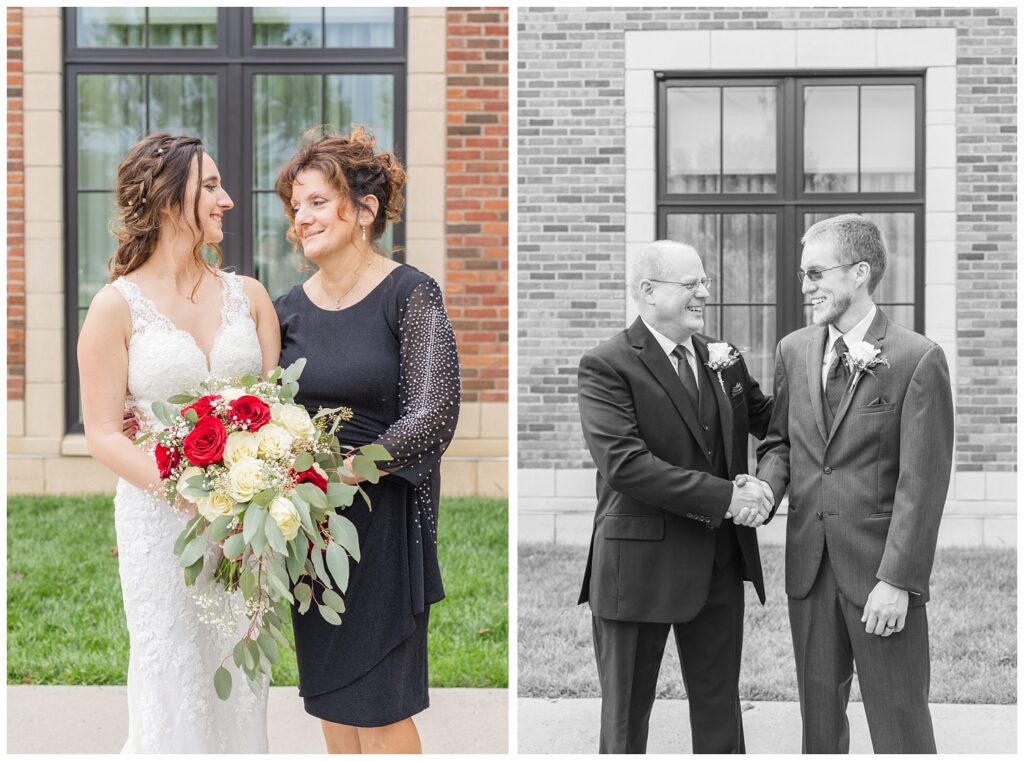 bride and groom posing with their mom and dad outside the hotel