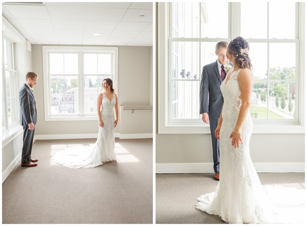 groom looking at the bride's dress during their first look in Ohio