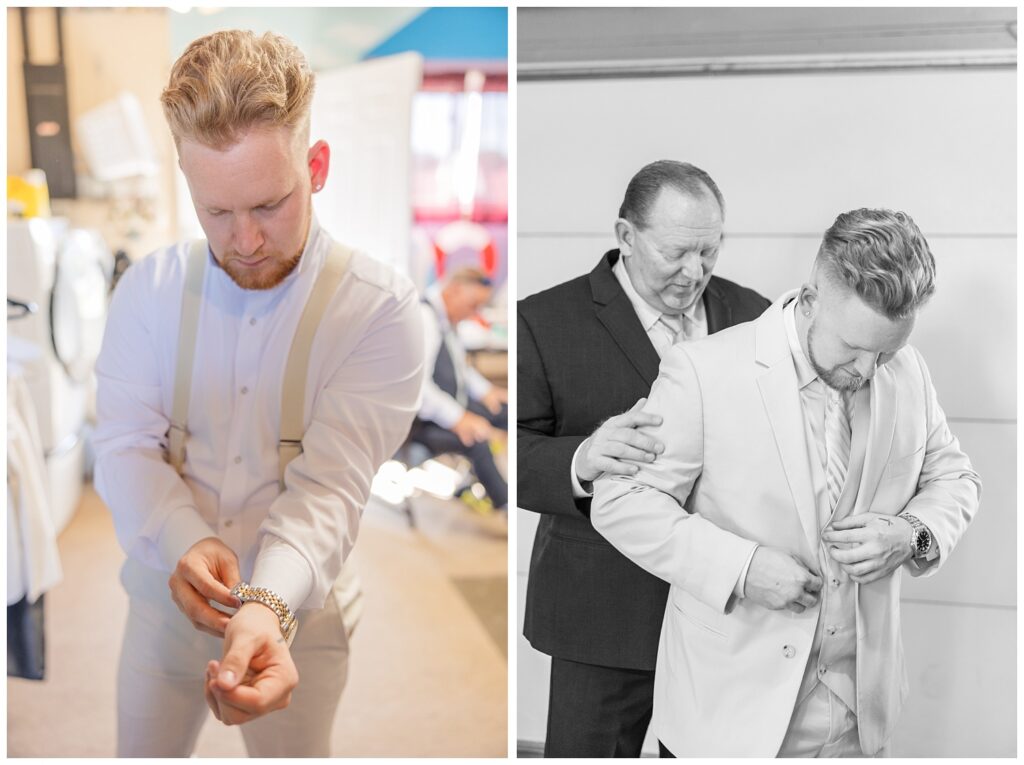 groomsmen watching tv and getting ready for the wedding in the garage