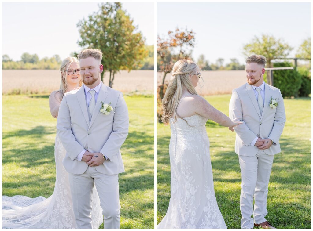 first look between the bride and groom outside in the grandma's back yard 