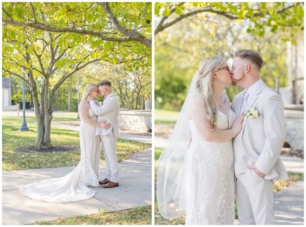 wedding couple posing on the sidewalk outside of Thompson Stone Hall in Bowling Green, Ohio