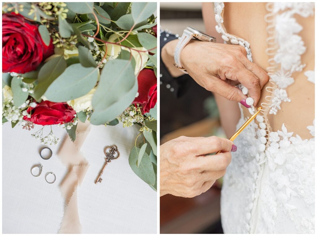 bride's mom buttoning up her dress with a hook at The Hancock Hotel