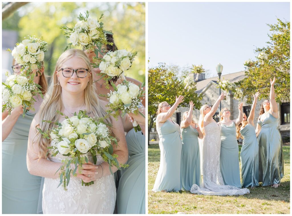 bride and bridesmaids throwing their bouquets in the air 