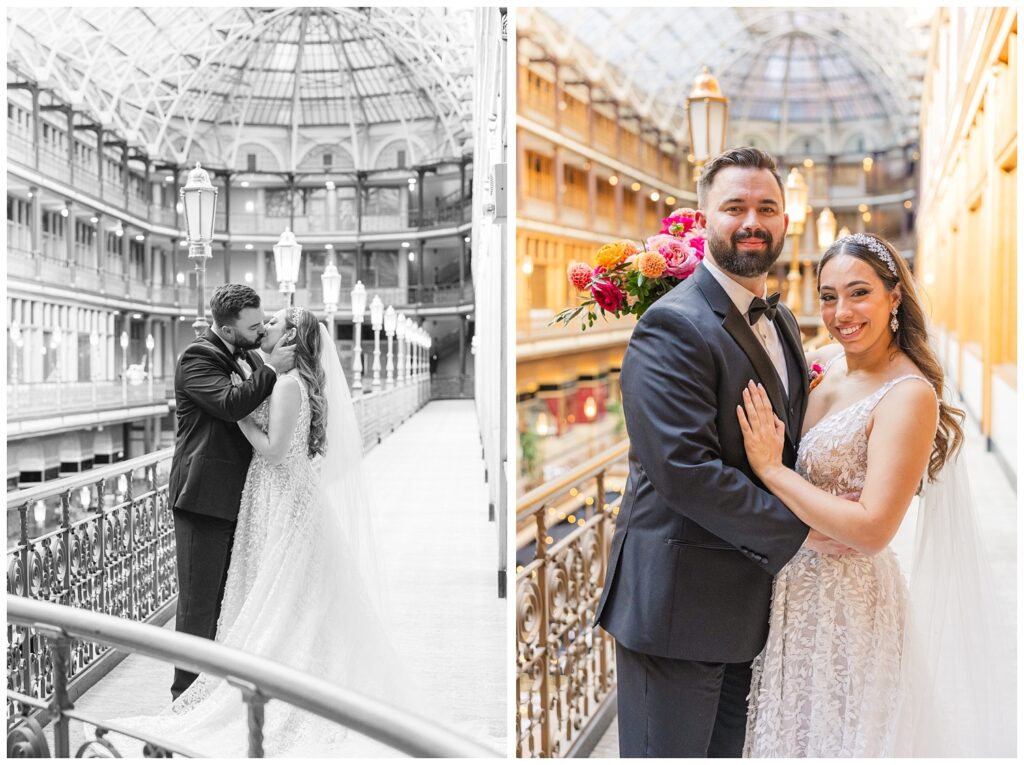 groom kissing the bride on the balcony at Cleveland fall wedding venue