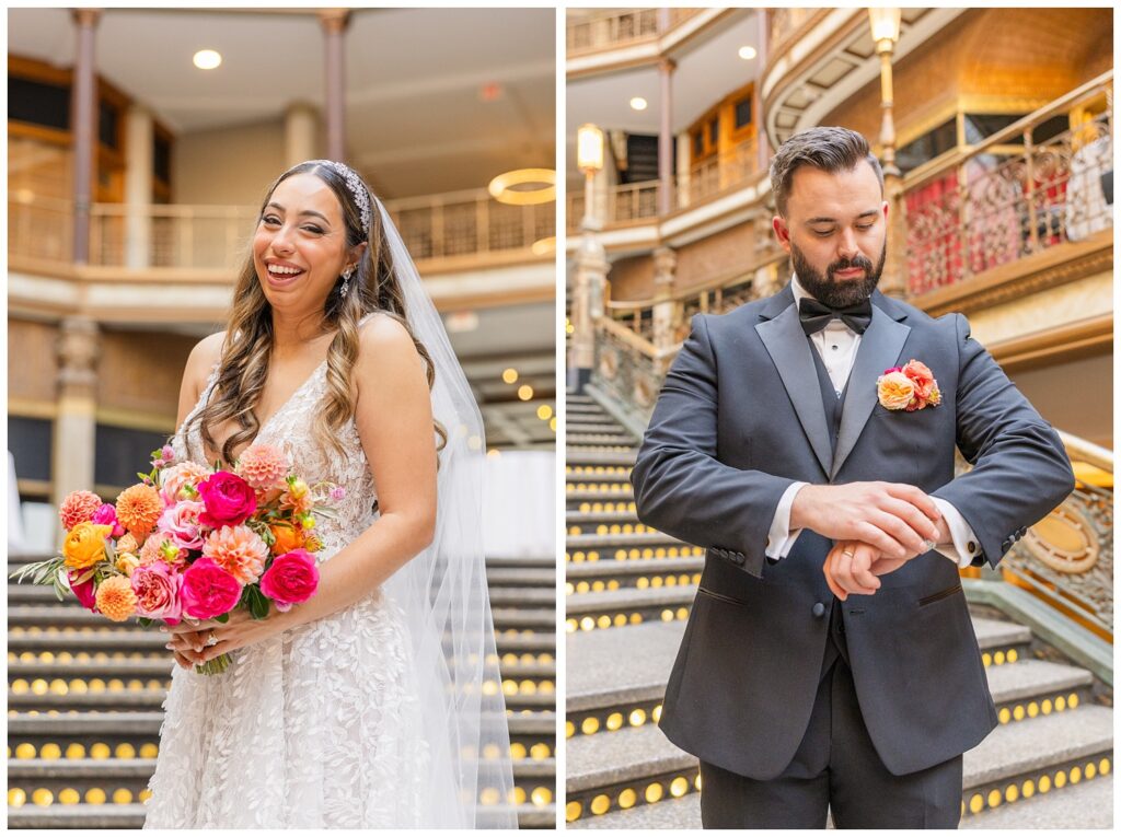 individual bride and groom portraits on the stairs at the Arcade Cleveland