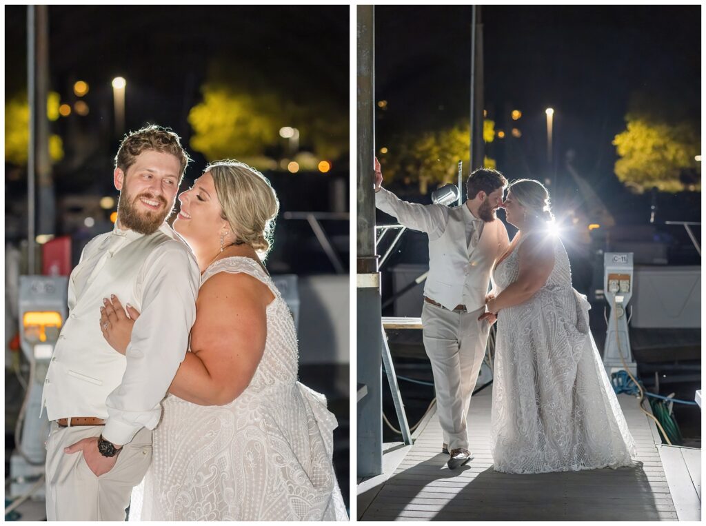 wedding couple posing on the gangway at night at Sandusky Yacht Club