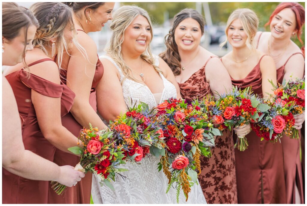 detail of the bridal party bouquets at the yacht club in Sandusky, Ohio